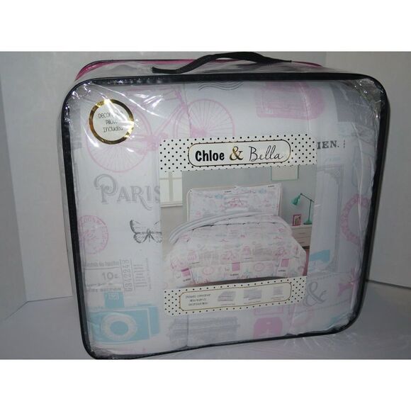 Chloe & Bella TWIN 3 Piece Comforter Set Paris Eiffel Tower Bicycle Pink Blue - Picture 2 of 12